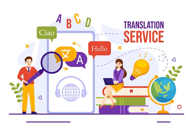 Ilustración del servicio de traducción con traducción de idiomas Varios países y multilingüe