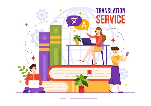 Ilustración del servicio de traducción con traducción de idiomas varios países y multilingüe