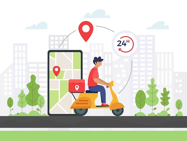 Ilustración de servicios de transporte de carga. Suministro de mensajería urgente, repartidor en scooter. Vector en un estilo plano