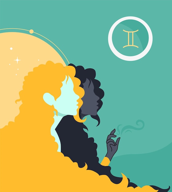 Ilustración de signo astrológico de Géminis con silueta de mujer y elemento de viento