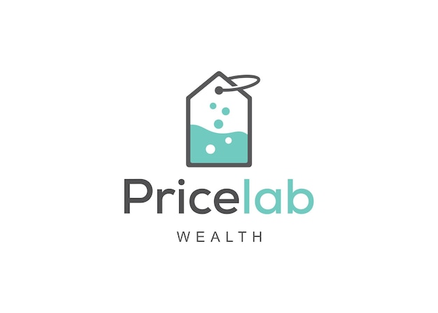 Ilustración de un signo de etiqueta de precio abstracto con laboratorios de taza de medición dentro del diseño del logotipo