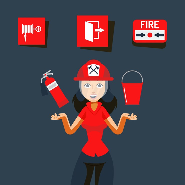 Ilustración de signo de seguridad contra incendios. Imagen de ayuda en caso de emergencia, llama en interiores. Chica en casco mostrar extintor de incendios