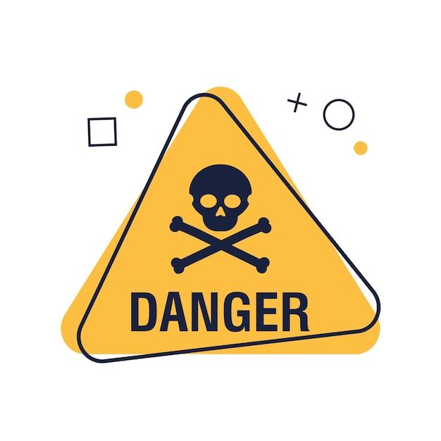Ilustración de signo de vector de peligro de triángulo amarillo Señal de advertencia de cráneo y huesos aislada sobre fondo blanco