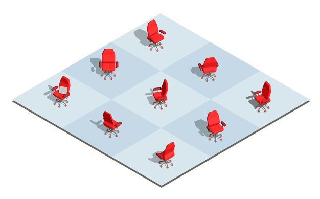 Ilustración del sillón de oficina rojo con un cartel vacío en diferentes ángulos en el tablero