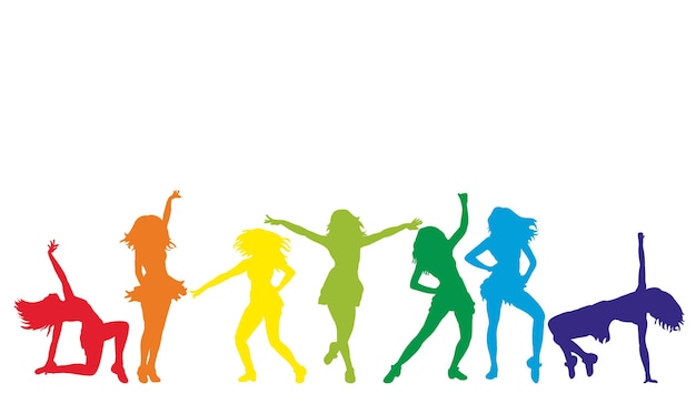 Ilustración de una silueta aislada de gente bailando, colorida
