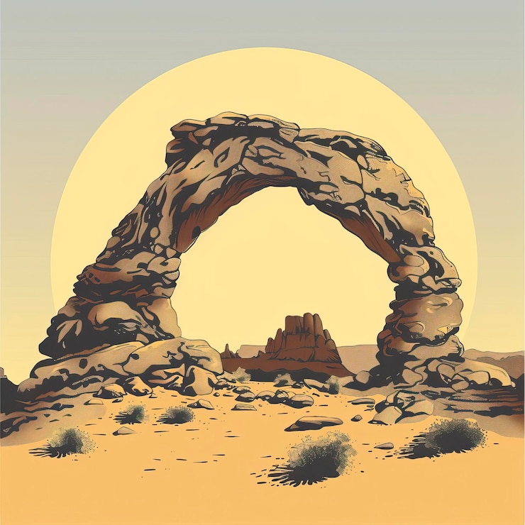 Vector ilustración de una silueta de arco de piedra en el desierto