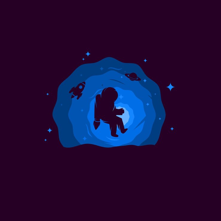 Vector ilustración de silueta astronauta volando explorar con mochila propulsora en el universo de la galaxia con traje espacial