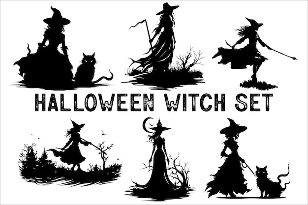 Ilustración de la silueta de la bruja de Halloween con la escoba y el gato