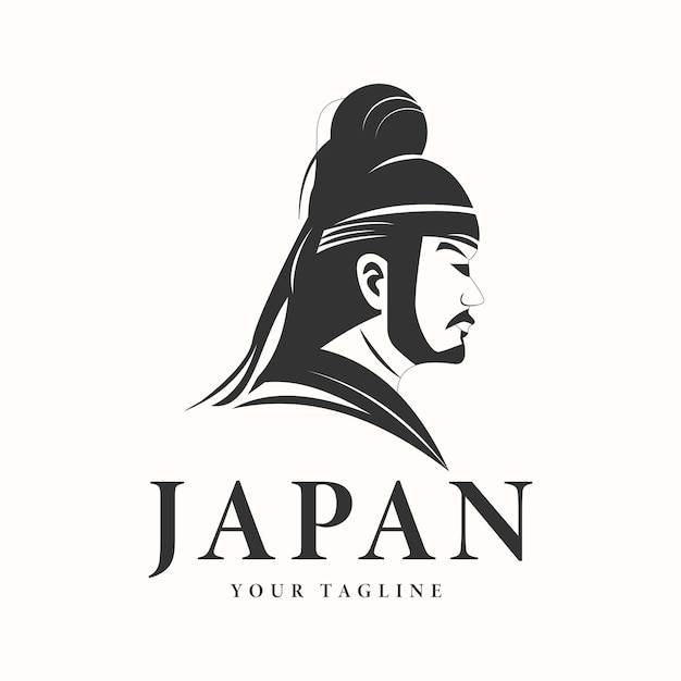 Ilustración de una silueta de caballero japonés frente a un diseño de logotipo de guerrero japonés