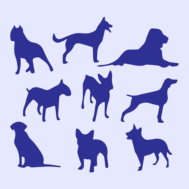 Vector ilustración de silueta de colección de perros y cachorros lindos de diferentes razas en estilo moderno y plano