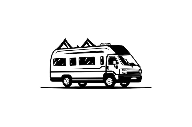 Ilustración de la silueta de una escena de acampada en un fondo blanco Ilustración del acampada de la siluetta de un automóvil de acampadas Aventura de acampado