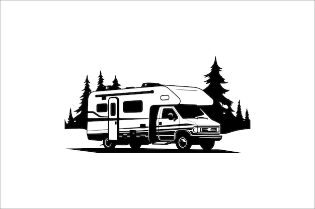 Ilustración de la silueta de una escena de acampada en un fondo blanco Ilustración del acampada de la siluetta de un automóvil de acampadas Aventura de acampado