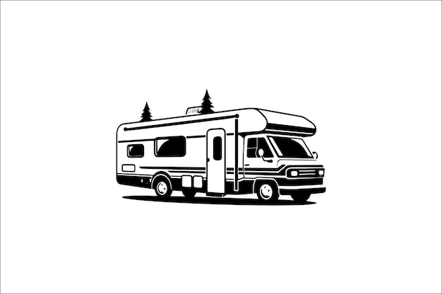 Ilustración de la silueta de una escena de acampada en un fondo blanco Ilustración del acampada de la siluetta de un automóvil de acampadas Aventura de acampado