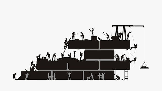 Vector ilustración de la silueta del gran grupo de constructores trabajando en la construcción aislada.