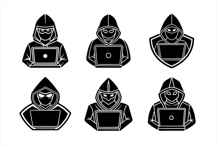 Vector ilustración de silueta de hackers que usan computadoras portátiles