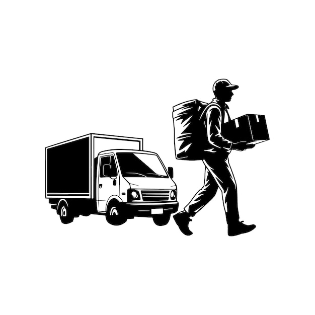Ilustración de la silueta del hombre de la entrega llevando paquetes junto al camión de entrega