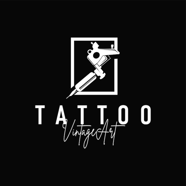 Ilustración de silueta negra máquina de tatuaje de logotipo con concepto vintage antiguo retro minimalista plantilla de diseño de estudio de tatuajes de símbolo