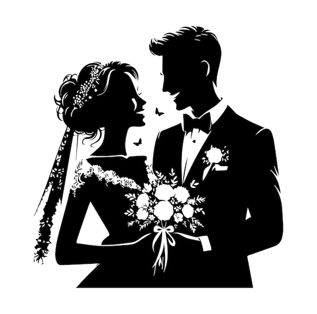 Ilustración de la silueta de la novia y el novio pareja feliz celebrando el matrimonio vector