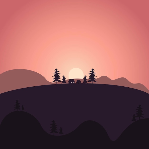 Vector ilustración de la silueta del paisaje del amanecer de la montaña con un pino