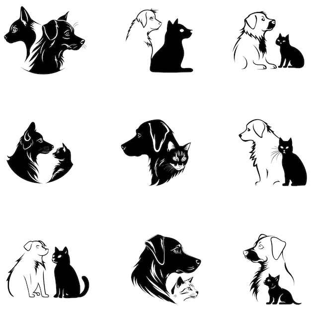 Ilustración de silueta de perro y gato en diseño plano