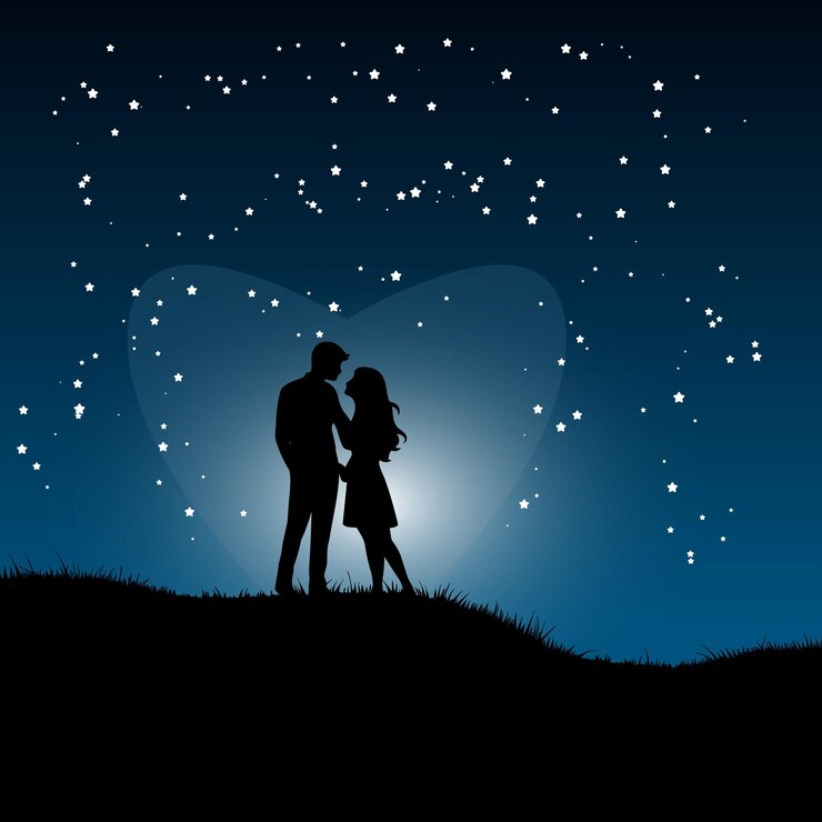 Ilustración de silueta romántica y soñadora de una pareja bajo el cielo nocturno capturando momentos de amor