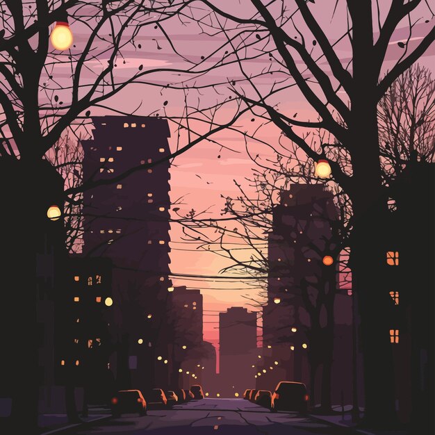 Vector ilustración de una silueta urbana con un crepúsculo