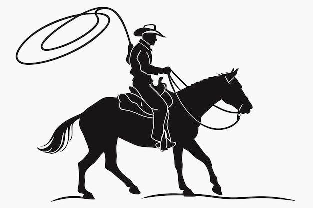 Una ilustración de silueta de un vaquero con un vector de caballo montado en lasso en un fondo blanco C