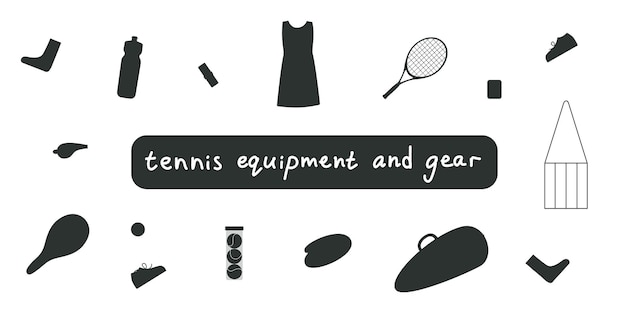 Ilustración de silueta de vector plano Equipo de tenis dibujado a mano y pelotas de raqueta de equipo