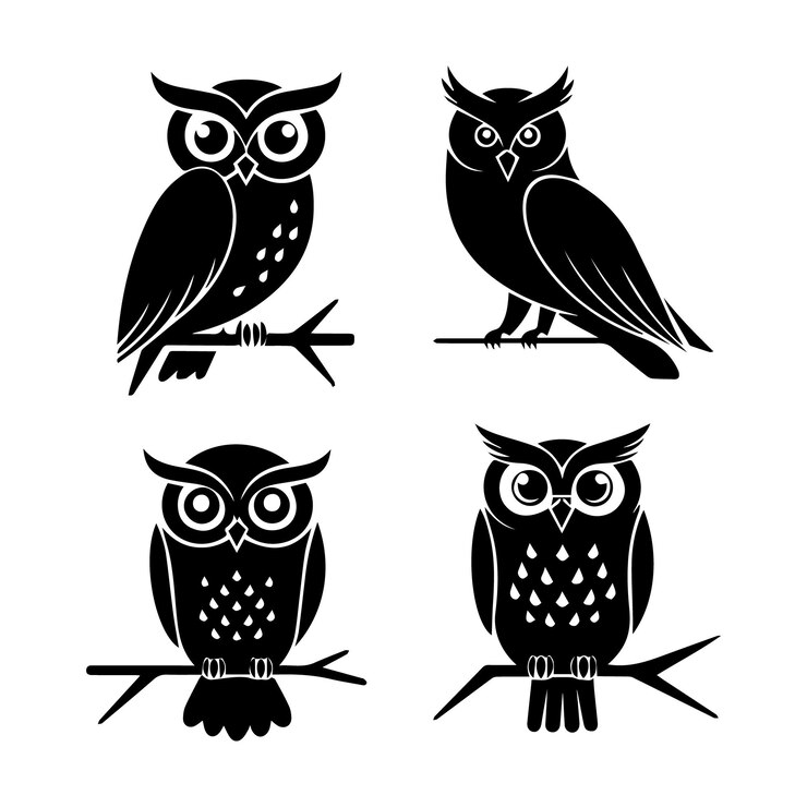 Ilustración de silueta vectorial de búhos negros y blancos en fondo blanco
