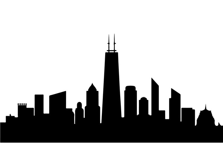 Una ilustración de silueta vectorial de ciudad negra en fondo blanco