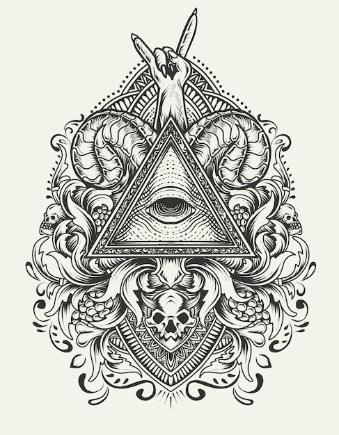 Ilustración símbolo illuminati con adorno grabado vintage