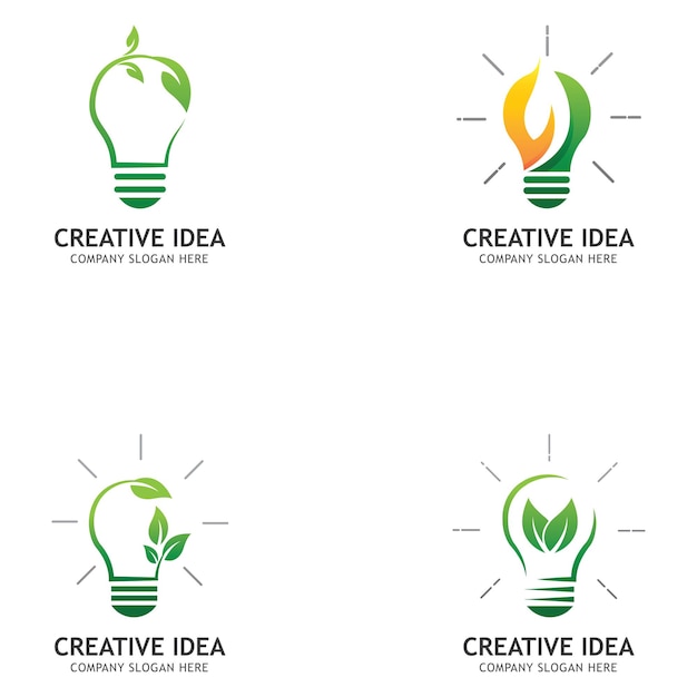 Ilustración de símbolo vectorial de diseño de logotipo de hoja de bombilla verde abstracto creativo