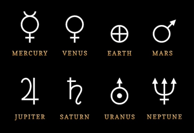 Vector ilustración de símbolos astronómicos de ocho planetas signos del sistema planetario solar en vector