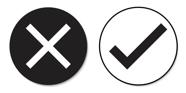 Vector ilustración de símbolos correctos o incorrectos signos y círculos negro y blanco fondo blanco