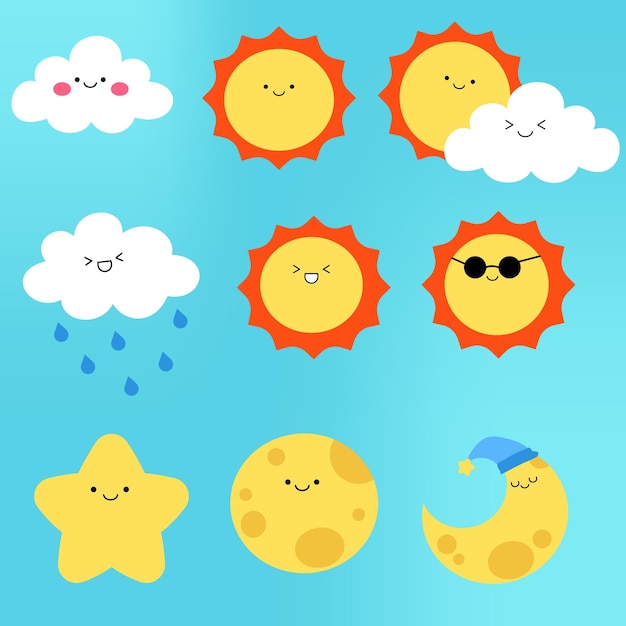 Ilustración de los símbolos del pronóstico del tiempo emoticon carácter icono plano conjunto