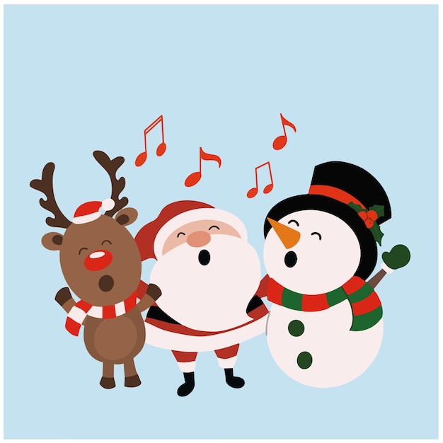 Ilustración de un simpático y feliz renacuajo de Santa y un hombre de nieve cantando una canción de Navidad dibujo a mano de invierno
