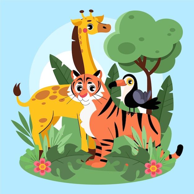 Ilustración de los simpáticos amigos de la jungla