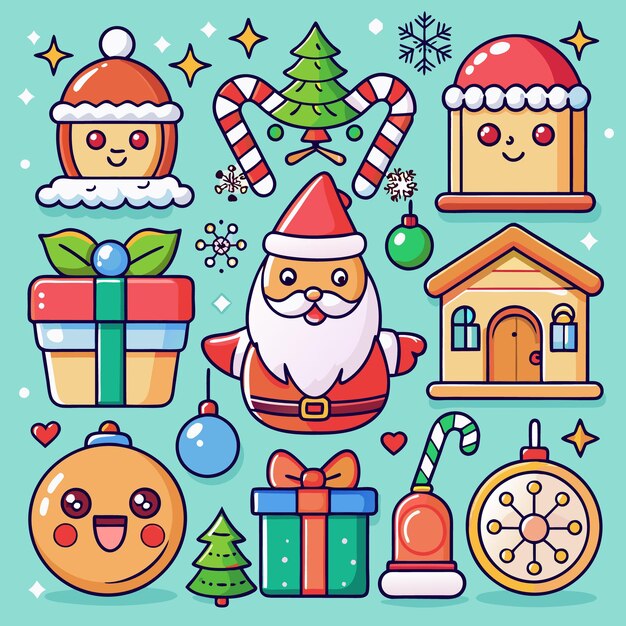 Ilustración de simpáticos personajes y elementos navideños sobre un fondo turquesa