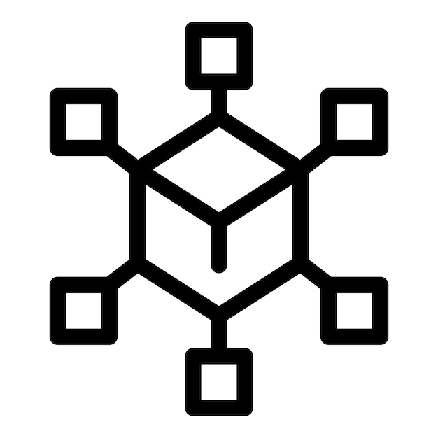 Ilustración simple en blanco y negro de un icono de red blockchain con un nodo central