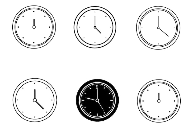 Ilustración simple en blanco y negro de relojes de pared redondos