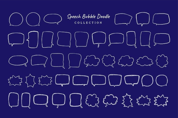 Ilustración simple de burbujas de habla dibujadas a mano, conjunto de vectores sobre fondo azul Conjunto de burbujes de voz dibujados a mano, de diferentes tamaños y formas Conjunto del burbuja de habla de Doodle sobre fondo azul