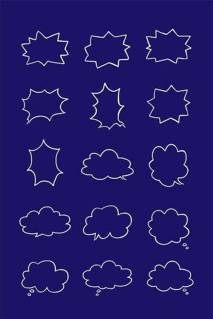 Ilustración simple de burbujas de habla dibujadas a mano, conjunto de vectores sobre fondo azul Conjunto de burbujes de voz dibujados a mano, de diferentes tamaños y formas Conjunto del burbuja de habla de Doodle sobre fondo azul