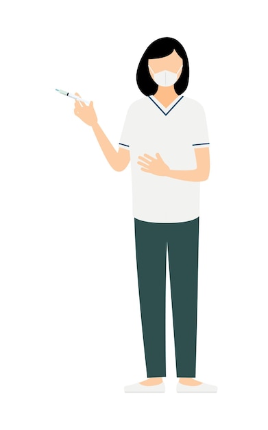 Ilustración simple de una enfermera con el cabello cortado negro dando una inyección