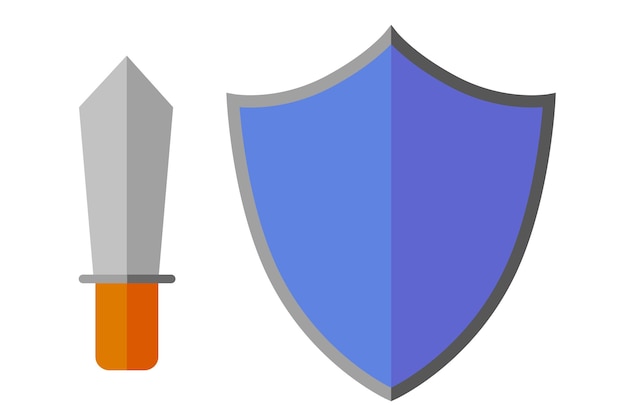 Ilustración simple de espada y escudo de color plano vectorial para protección