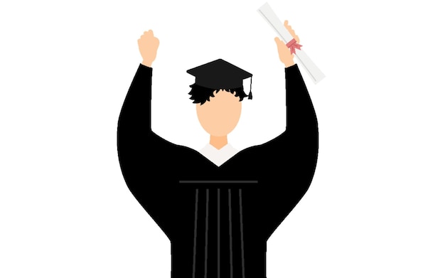 Ilustración simple de un graduado masculino asiático en vestidos de graduación y gorras cuadradas golpeando el estómago con un diploma
