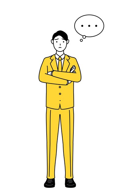 Ilustración simple de un hombre de negocios en un traje con los brazos cruzados pensando