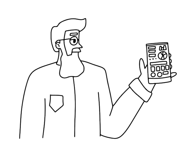 Una ilustración simple de un hombre que está viendo análisis en su teléfono Estadísticas de Marketer