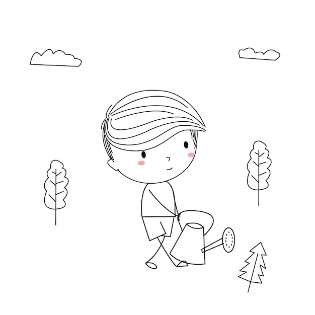 Ilustración simple y linda de un niño en estilo de arte lineal regando una planta