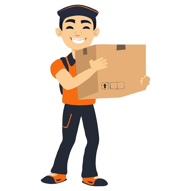Una ilustración simple de un repartidor asiático sosteniendo la caja al estilo de dibujos animados