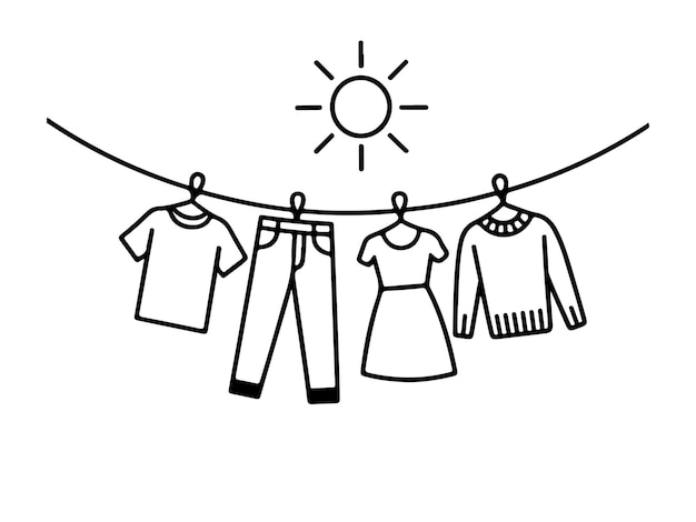 Ilustración simple de la ropa secándose en un cordón de la ropa en un clima soleado